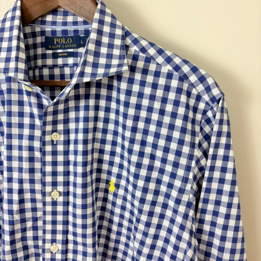 Polo Ralph Lauren Men's‎ L Non Iron Blue Gingham Plaid Check Button Down Shirt